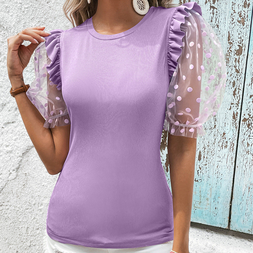 Women's trendy top with transparent puff sleeves and ruffle details Lune London