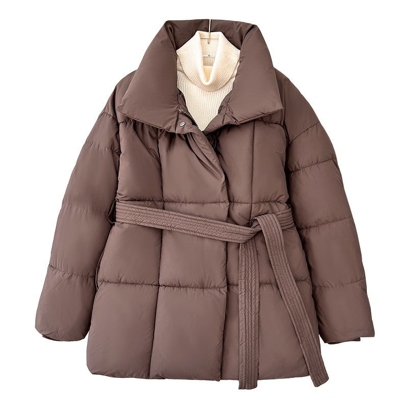 Ladies trendy quilted jacket with belt and high collar Lune London
