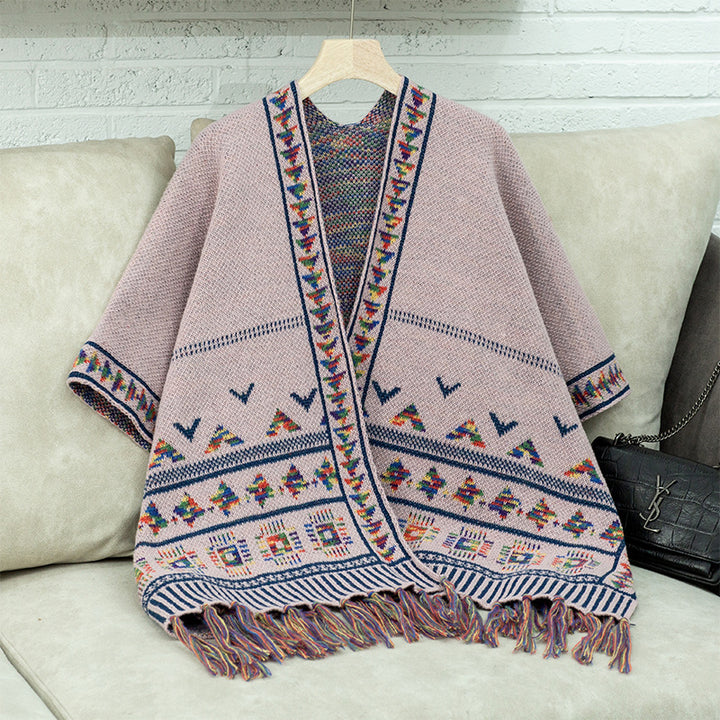 Women elegant poncho with colorful ethnic pattern Lune London