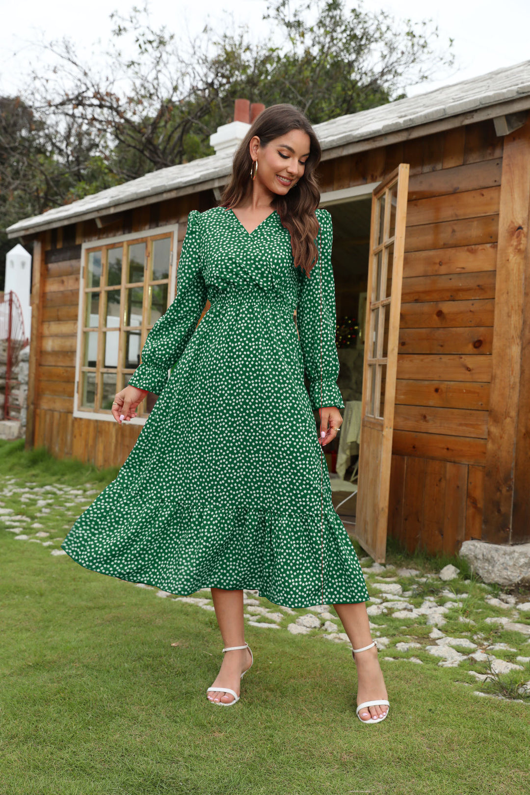 Midi dress women's with floral dots and a flared skirt Lune London