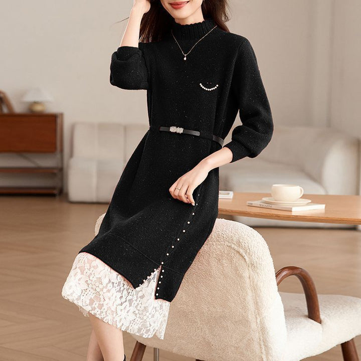 Robe tricotée femme avec des détails en perles à la mode et une ceinture élégante Chic & Stil