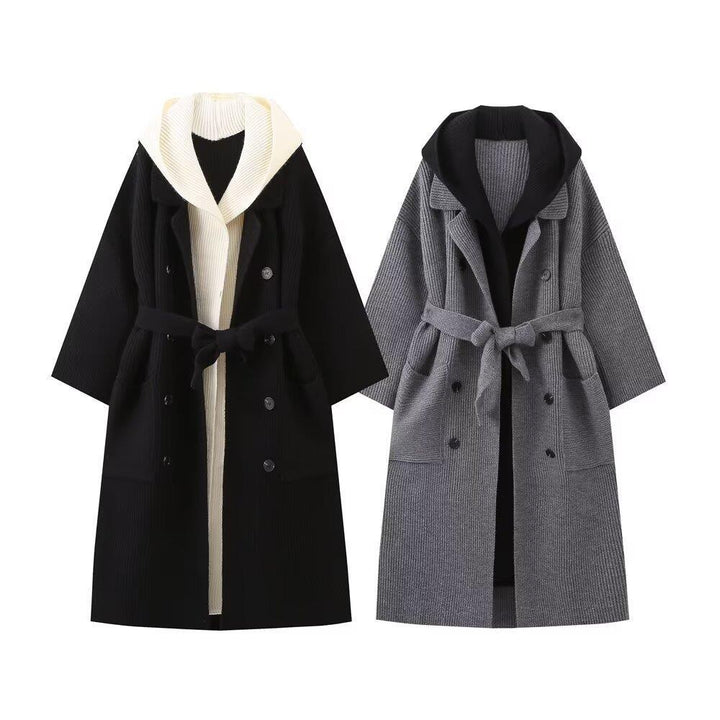 Ladies long casual cardigan with tie waist belt and double layer collar Lune London