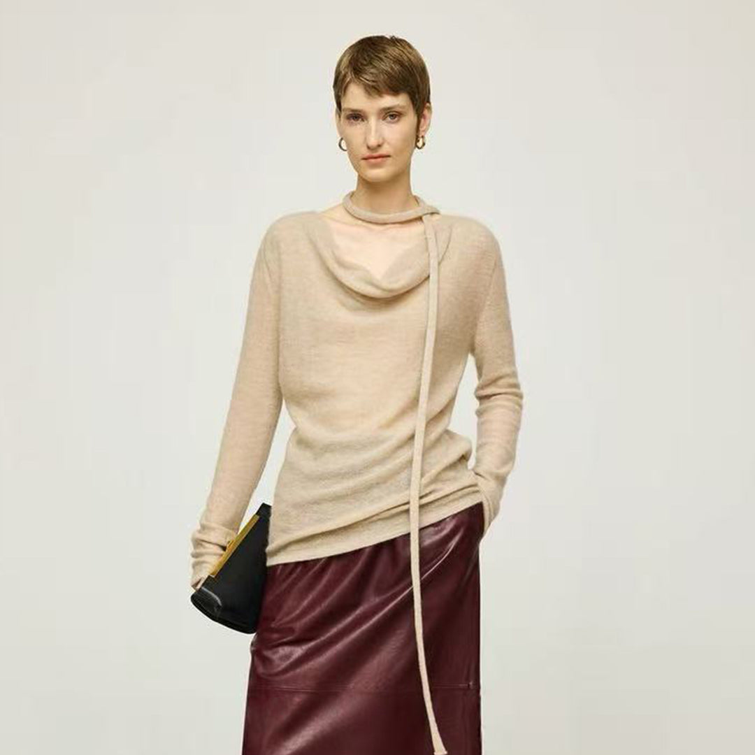 Ladies Elegant Knit Top with Open Neckline and Tie Lune London