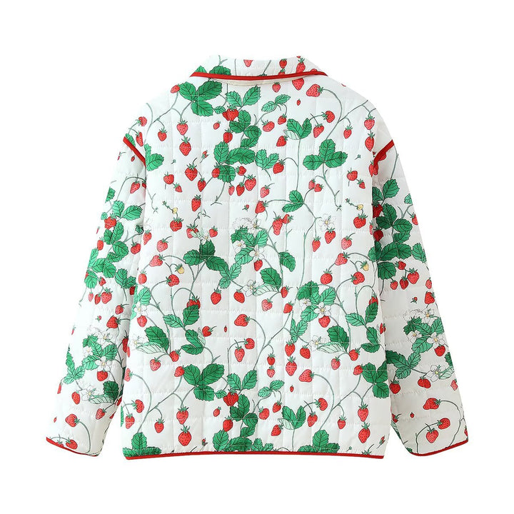 Elegant quilted jacket for women with strawberry pattern and large pockets Lune London
