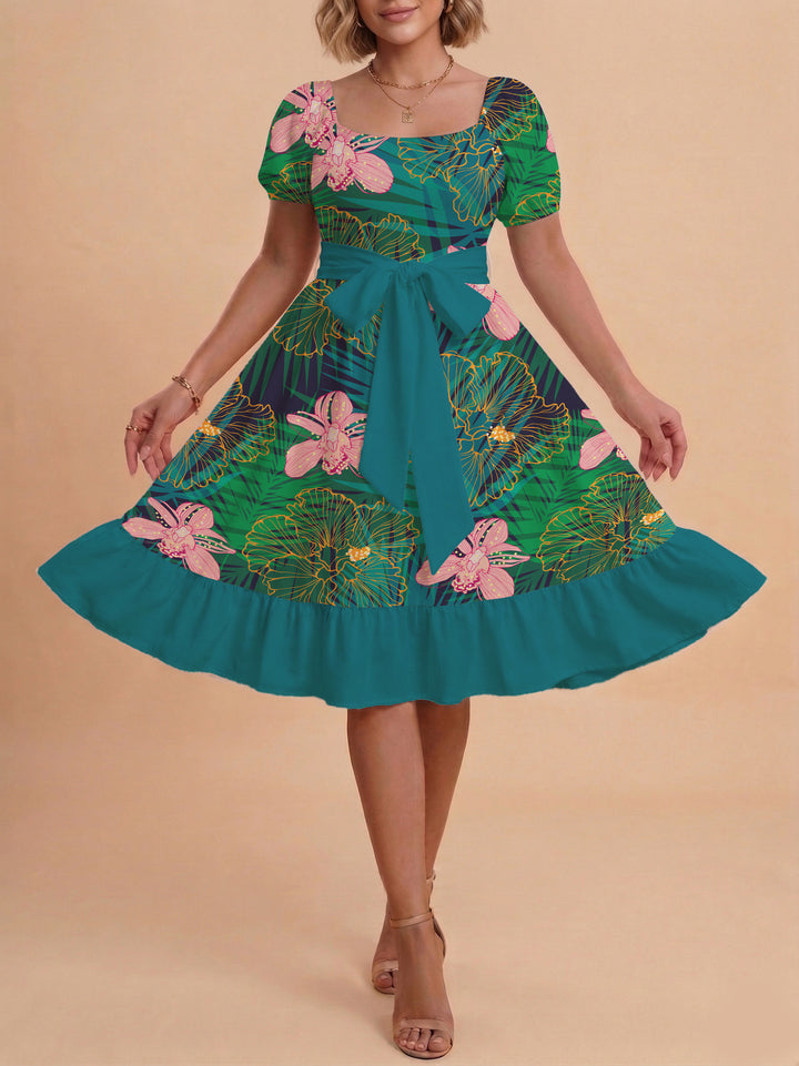 Women's floral dress with adjustable belt and voluminous sleeves Lune London