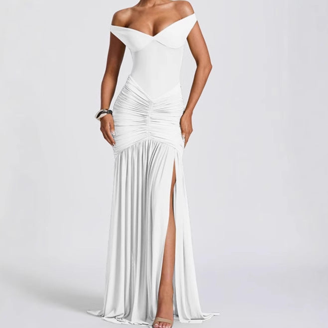 Ladies Elegant Off-Shoulder Maxi Dress with Ruffle Details and High Slit Lune London