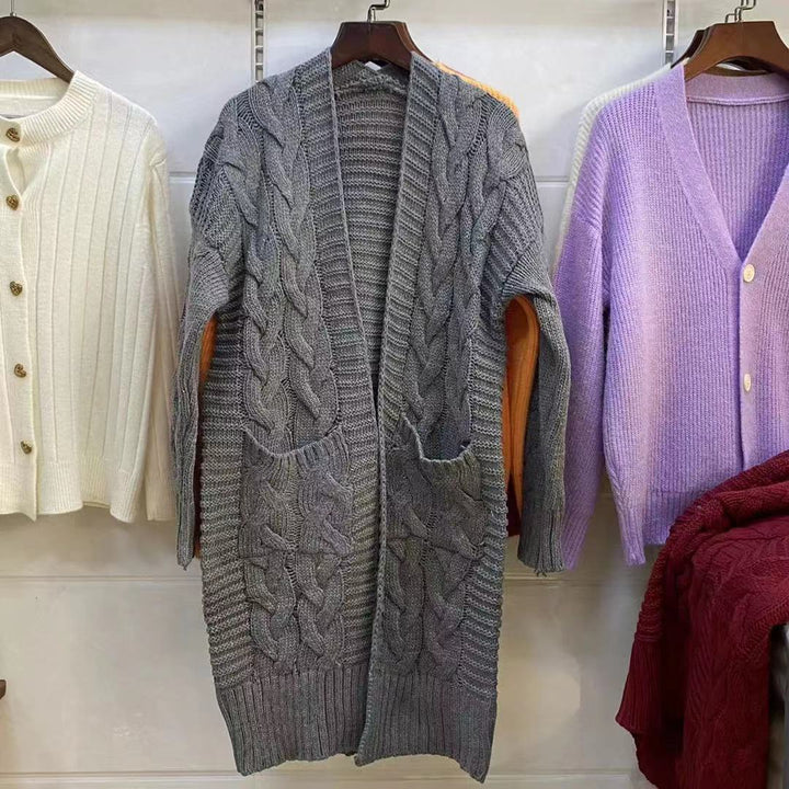 Women chunky knit cardigan with deep pockets and braided pattern Lune London