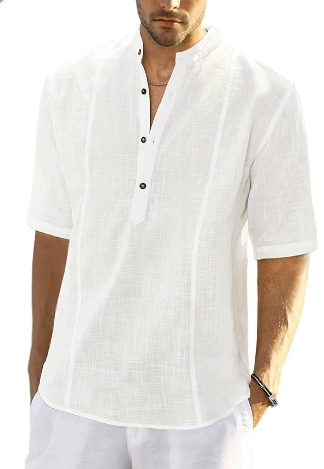 Short Sleeve Linen Shirt for Men with High Collar and Button Placket Chic und Stil