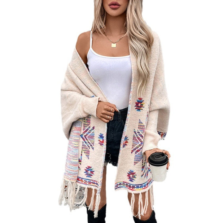 Wool poncho for women with colorful Navajo pattern and fringed hem Lune London
