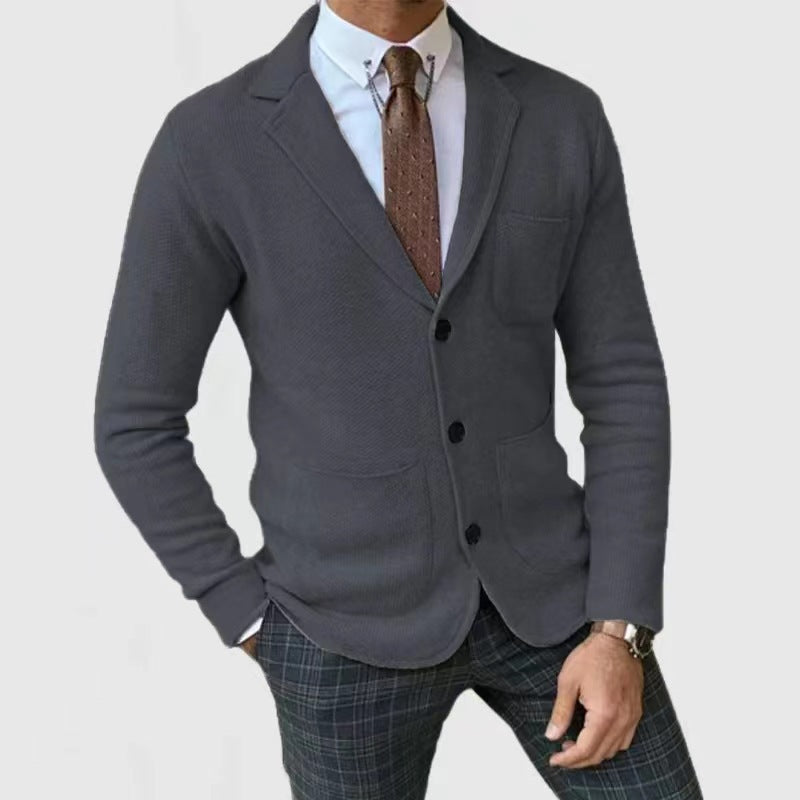 Casual knitted jacket for men with button placket and appliqué pockets Lune London