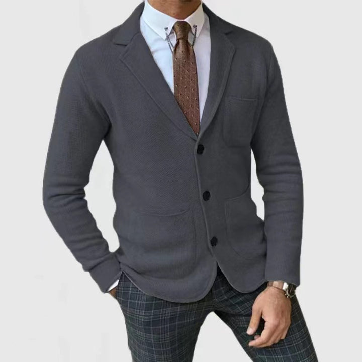 Casual knitted jacket for men with button placket and appliqué pockets Lune London