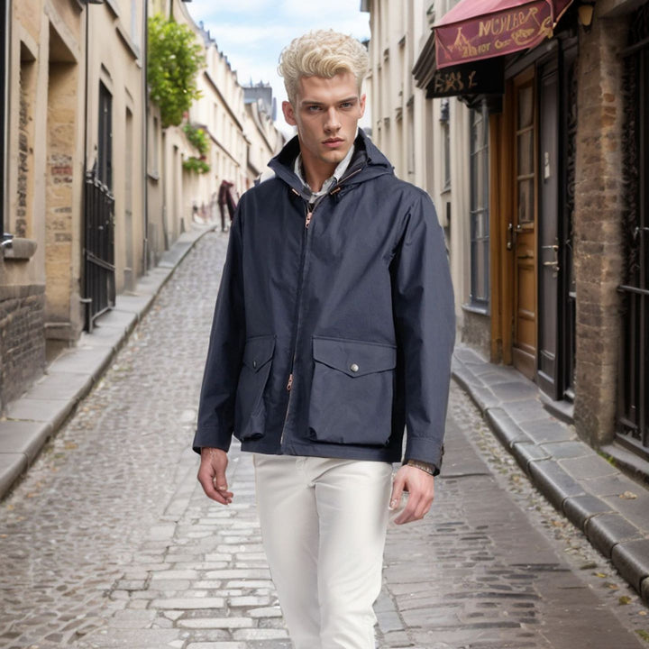 Functional transition jacket for men with adjustable hood collar Lune London