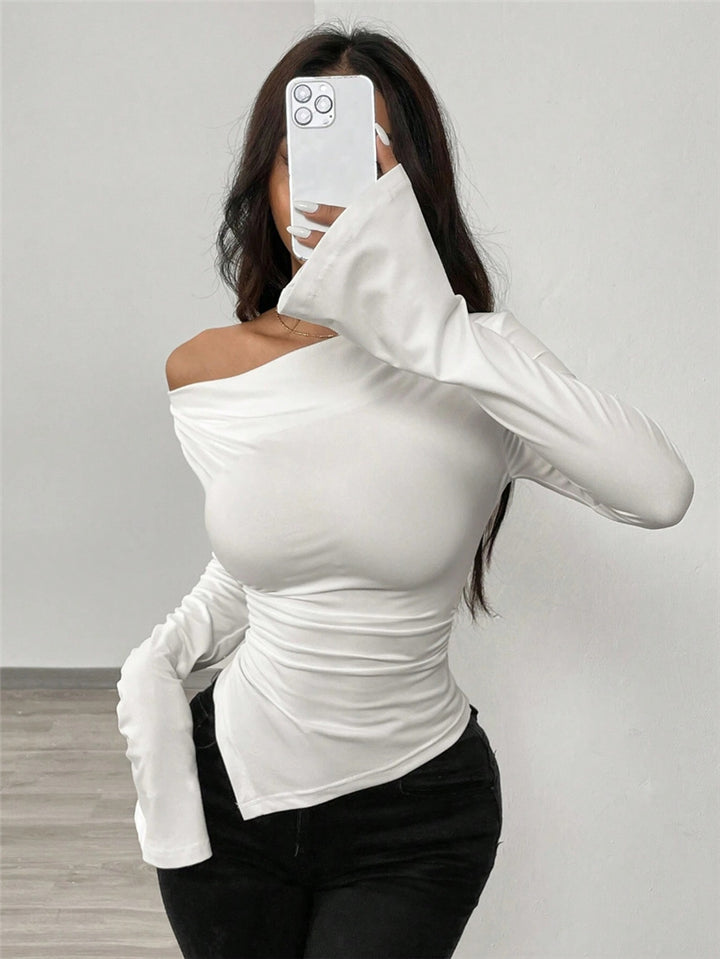 Long sleeve shirt for women with a flattering V-neck and unique draping Lune London