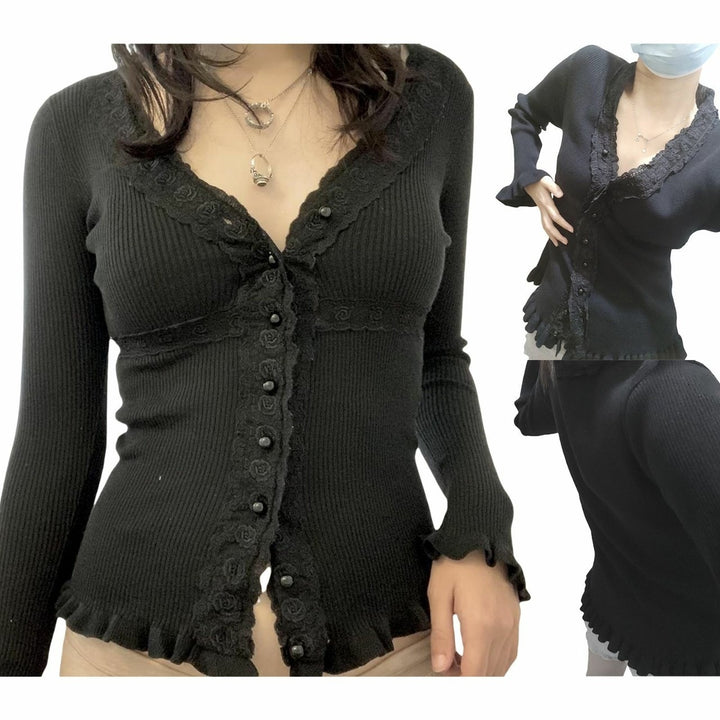 Women's knitted top with romantic lace and ruffle details Lune London