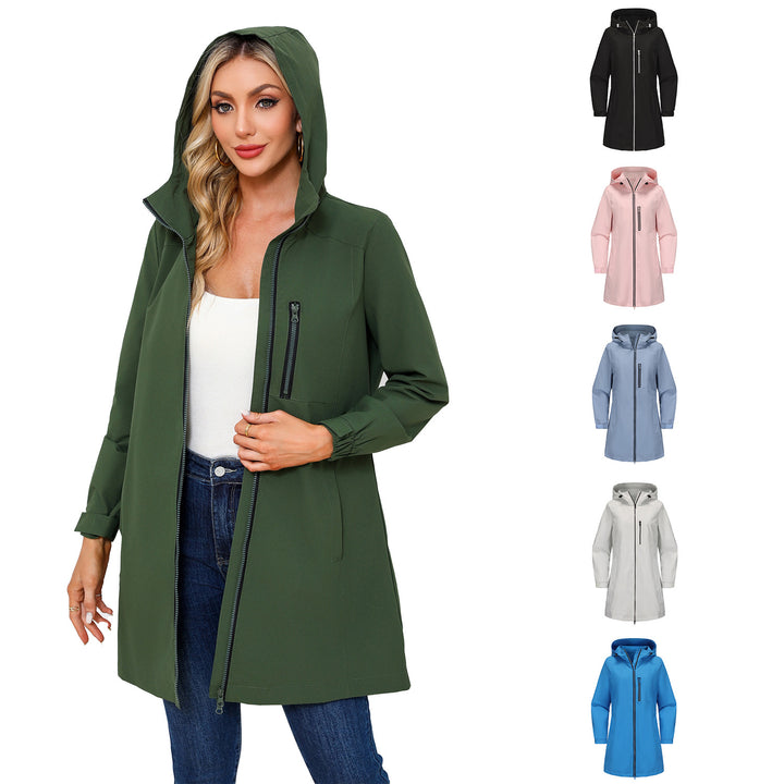Women's modern rain jacket with hood and practical pockets Lune London