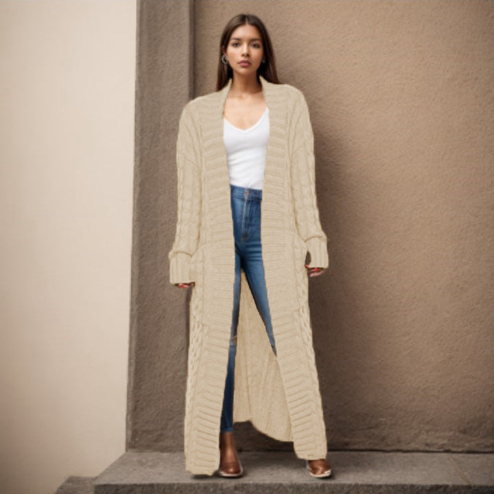 Ladies Long knit cardigan with structured twisted pattern and practical pockets Lune London