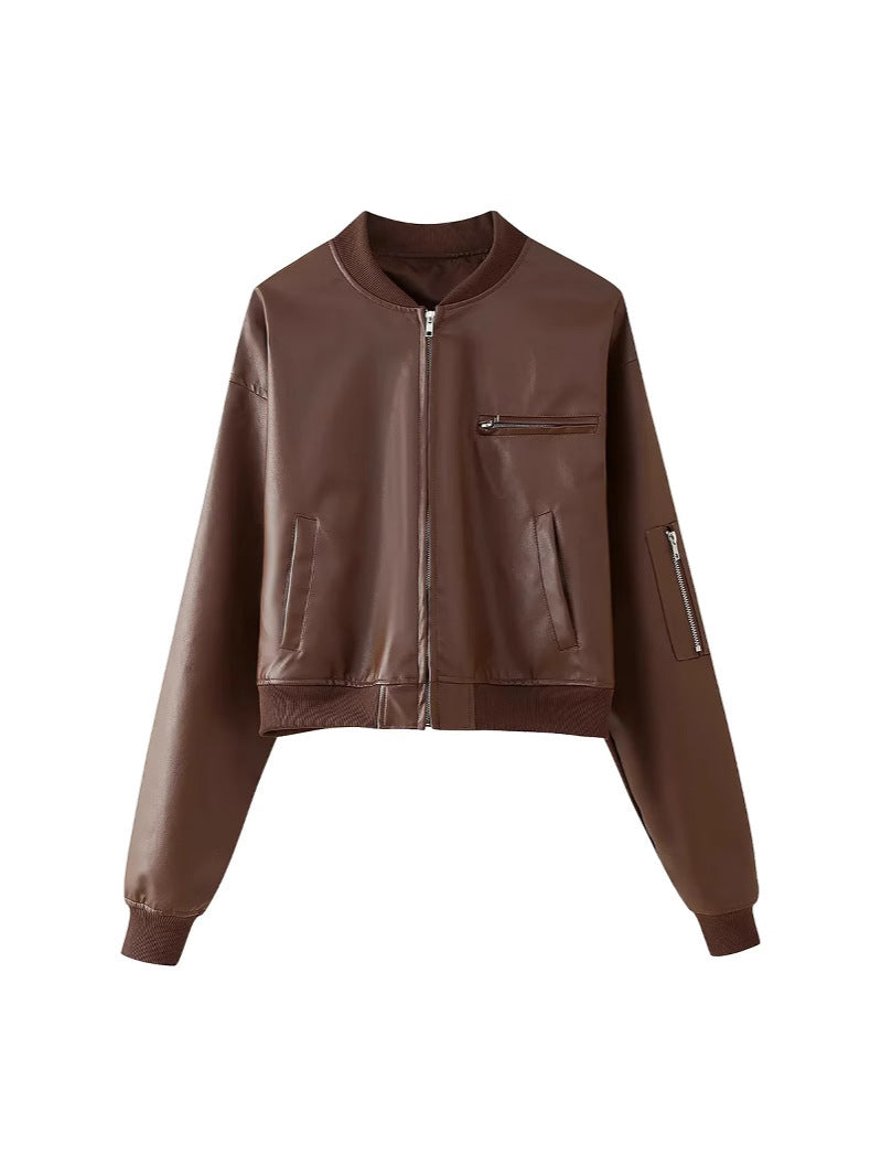 Women's leather bomber jacket with practical zip pockets and elastic waist Lune London