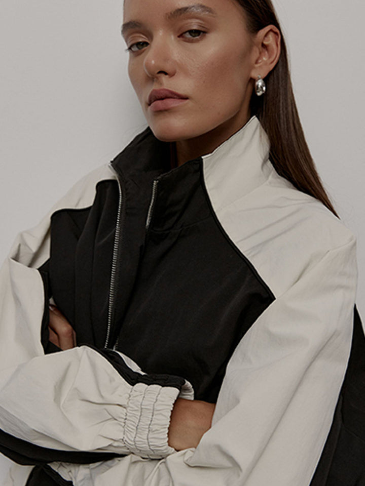 Women's Modern Sports Jacket with High Collar and Contrasting Sleeve Panels
