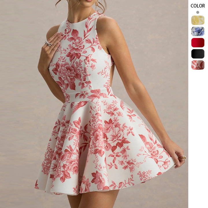 Women Playful fitted minimal dress with swinging skirt and half back view Lune London