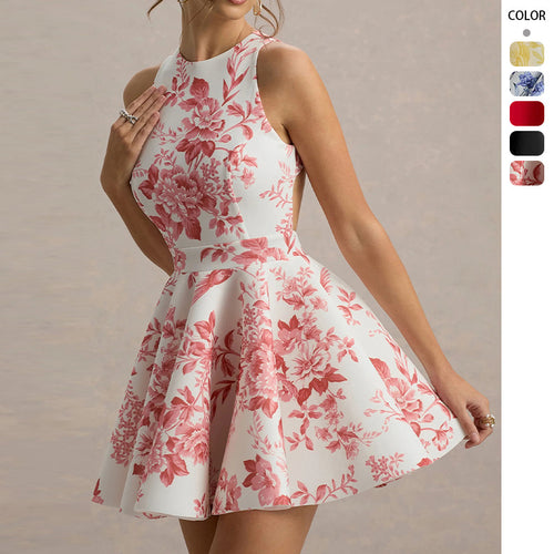 Women Playful fitted minimal dress with swinging skirt and half back view Lune London