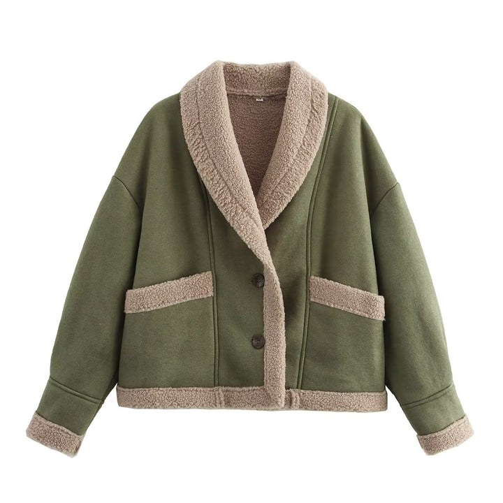 Ladies oversized cozy jacket with sheepskin collar and large pockets Lune London