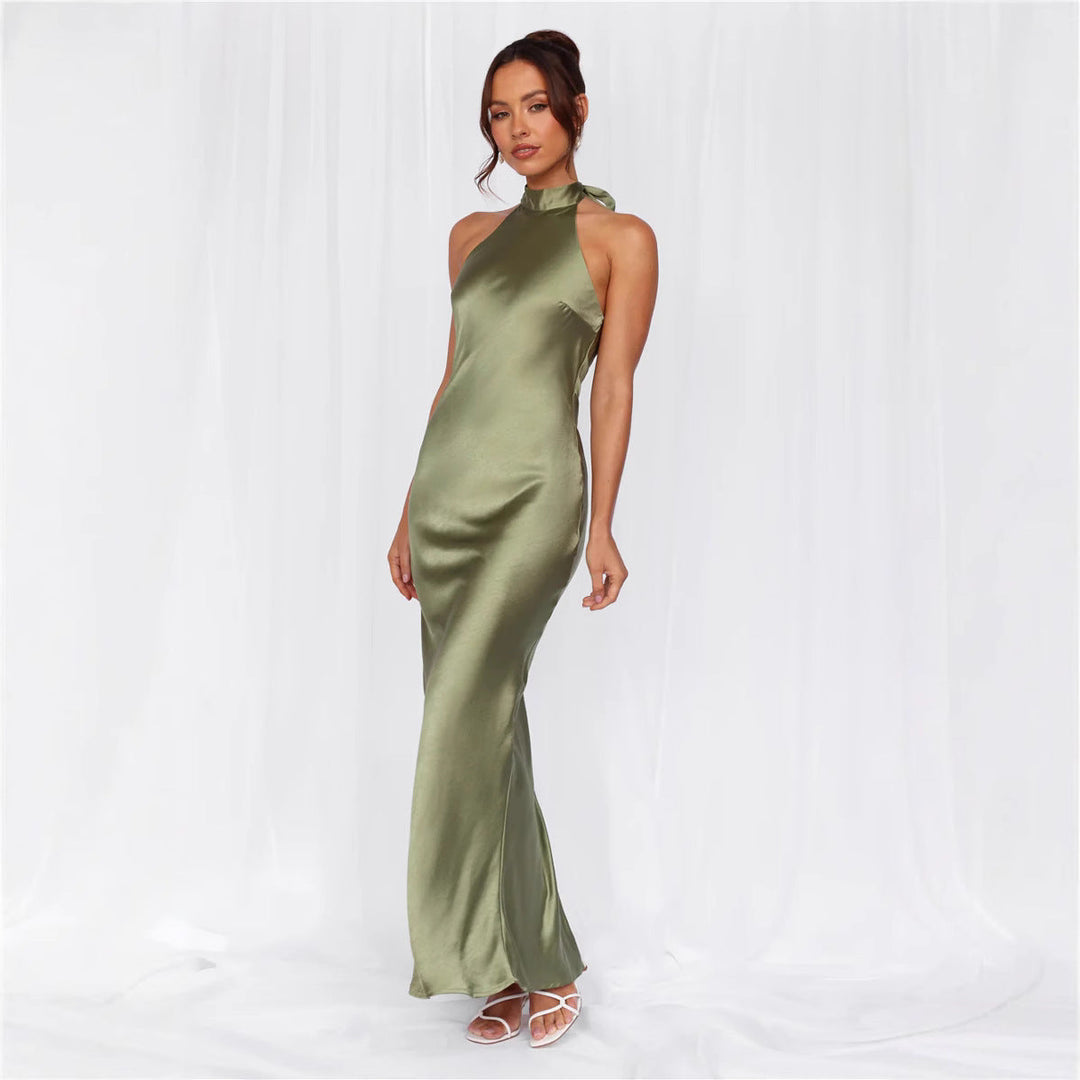 Ladies Elegant Maxi Dress with High Neck Design and Shimmering Satin Finish Lune London