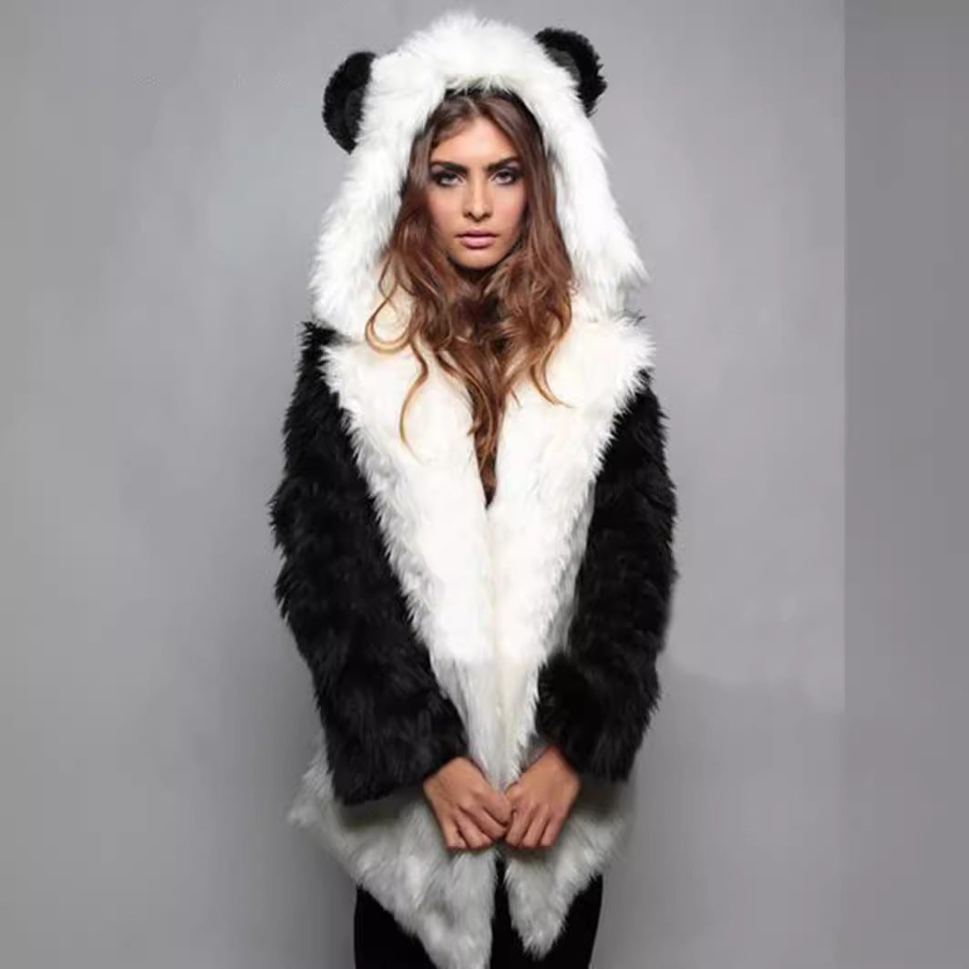 Ladies Cozy Faux Fur Coat with Hood and Ears Lune London