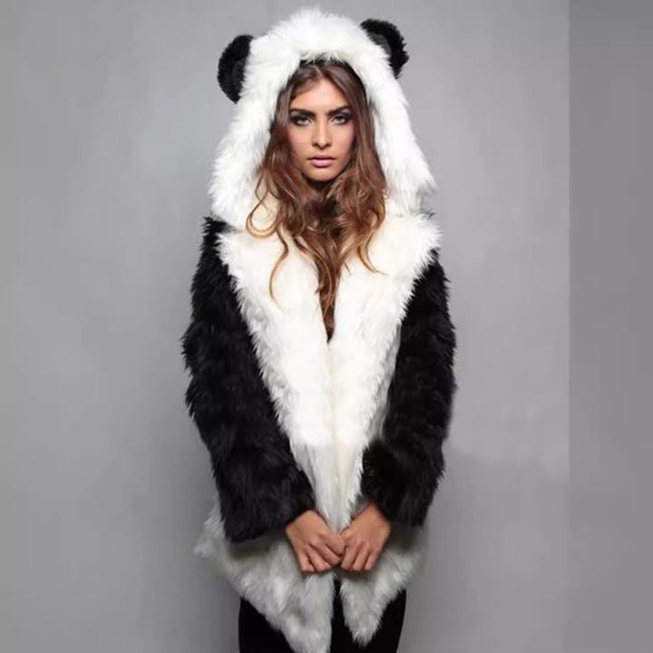 Ladies Cozy Faux Fur Coat with Hood and Ears Lune London