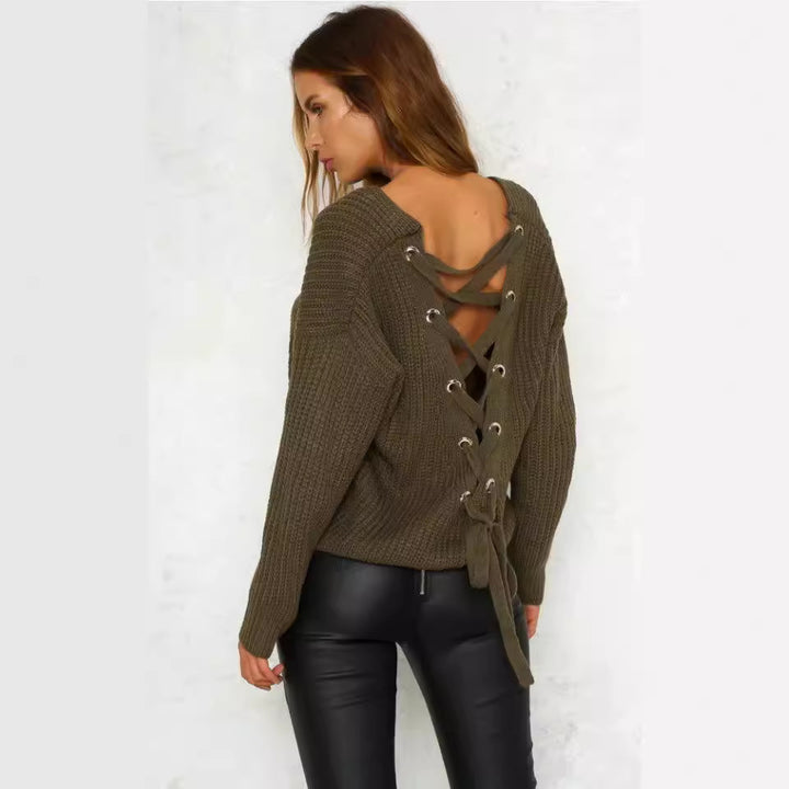 Casual knitted pullover for women with decorative cutout at the back and drawstring Lune London