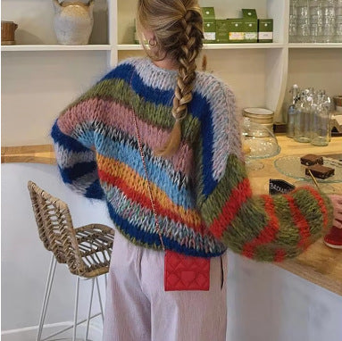 Women's Cozy Knit Sweater with Flared Sleeves and Colorful Stripe Pattern Lune London