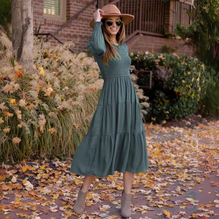 Midi dress for women with balloon sleeves and a ruffle detail Lune London
