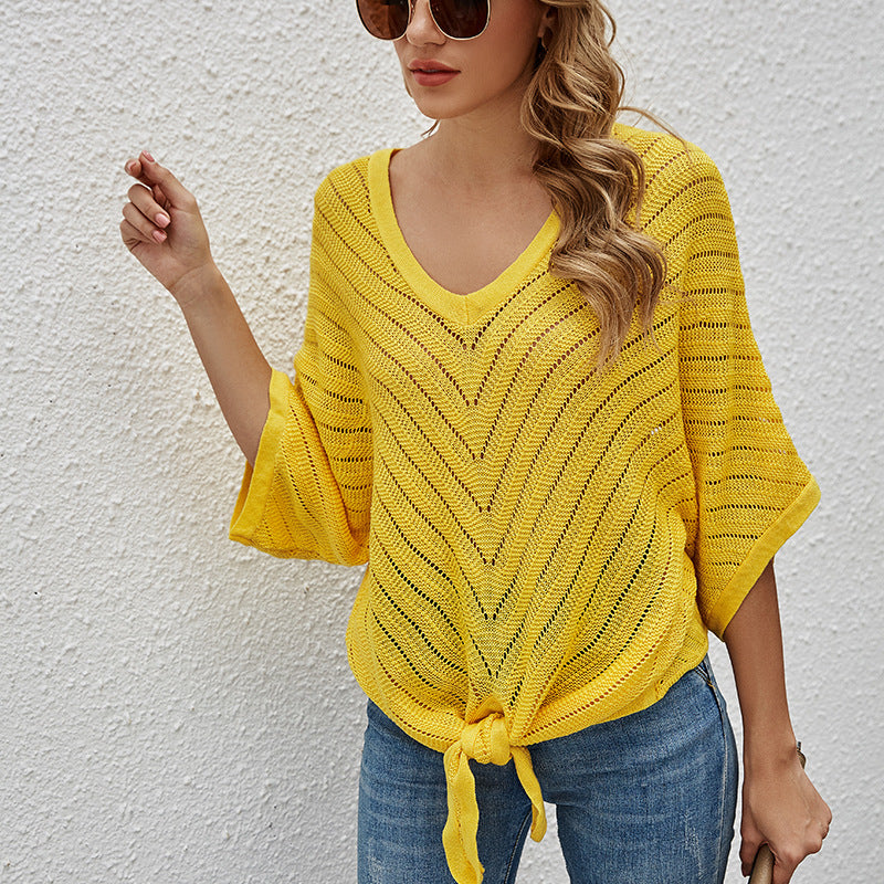 Ladies airy knit top with deep V-neck and asymmetrical hem Lune London
