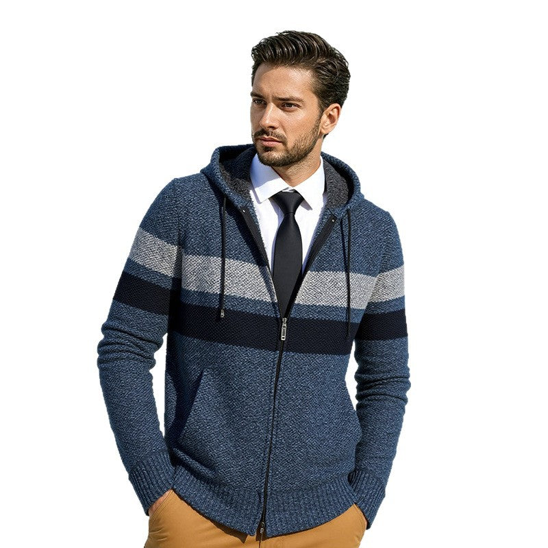 Men's trendy knit hoodie with contrasting decorative stripes and practical pockets Lune London