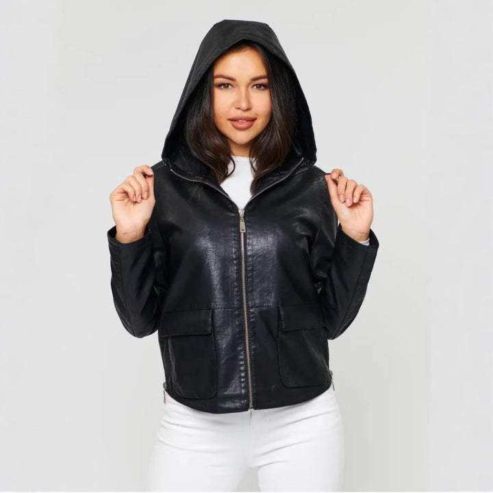 Faux leather jacket for women with integrated hood and practical pockets Lune London