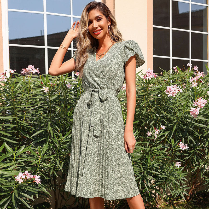 Pleated wrap dress for women with waist detail