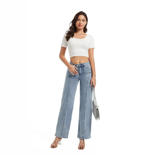 Wide high-waist jeans for ladies with a tie belt and stylish stitching details Lune London