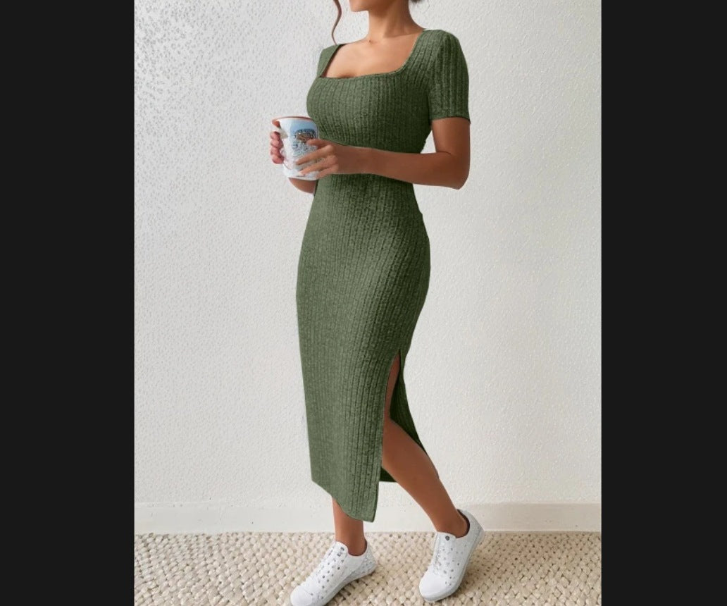 Lune London fitted maxi dress for women with side slits and stretchy material