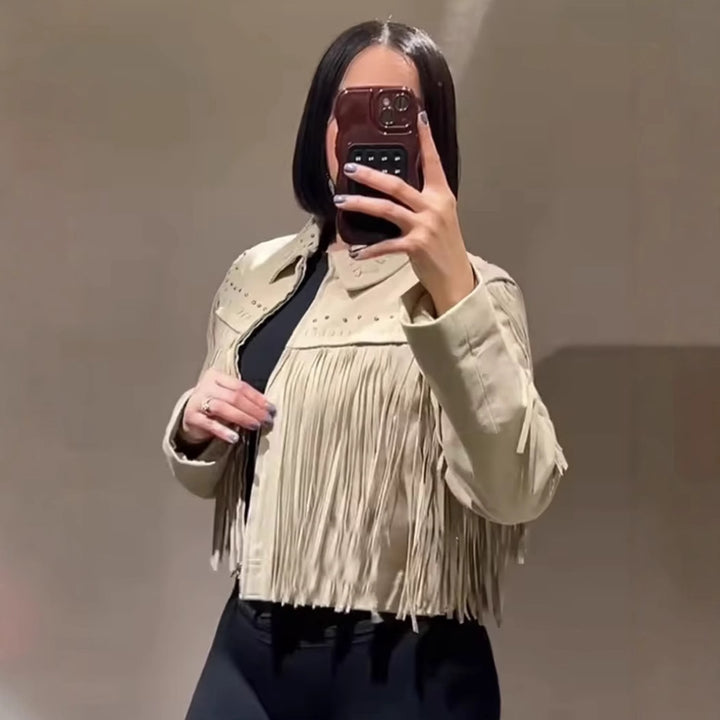 Trendy fringe jacket for women with decorative studs Lune London