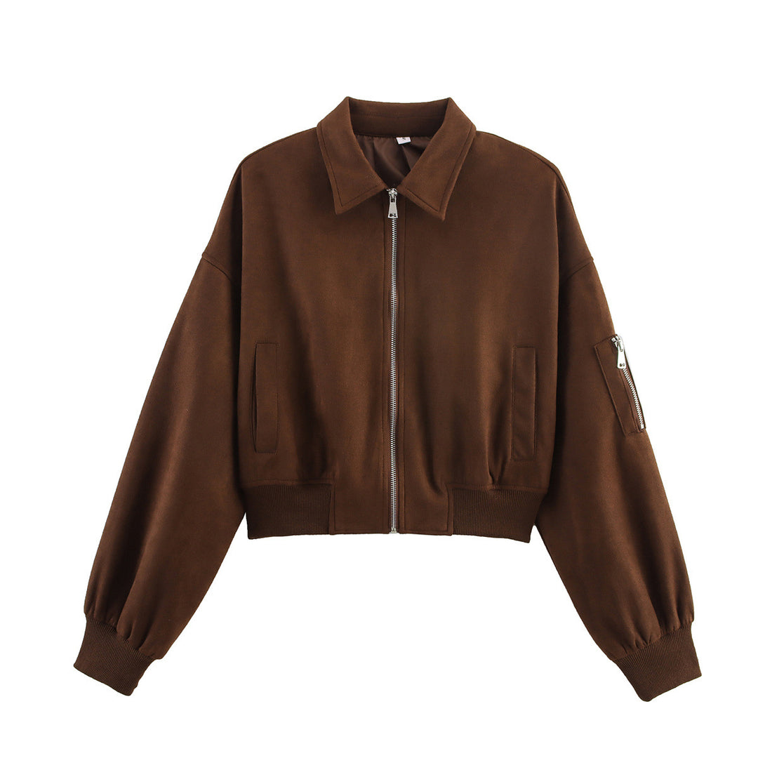 Trendy cropped women's jacket in soft suede-like faux leather with practical zippered pockets Lune London