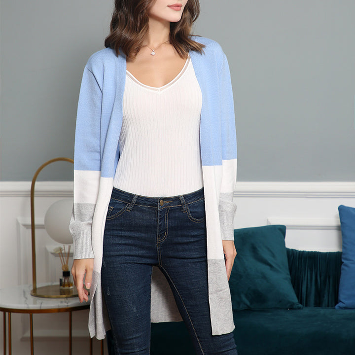 Ladies casual knitted vest with a modern striped pattern and open front Lune London