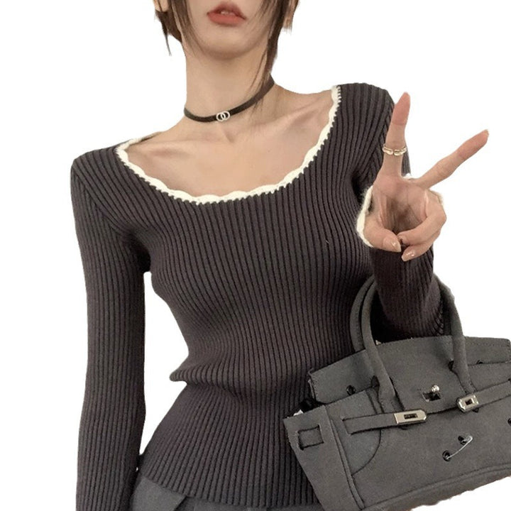 Women's Form-Fitting Knit Top with Creative Neckline