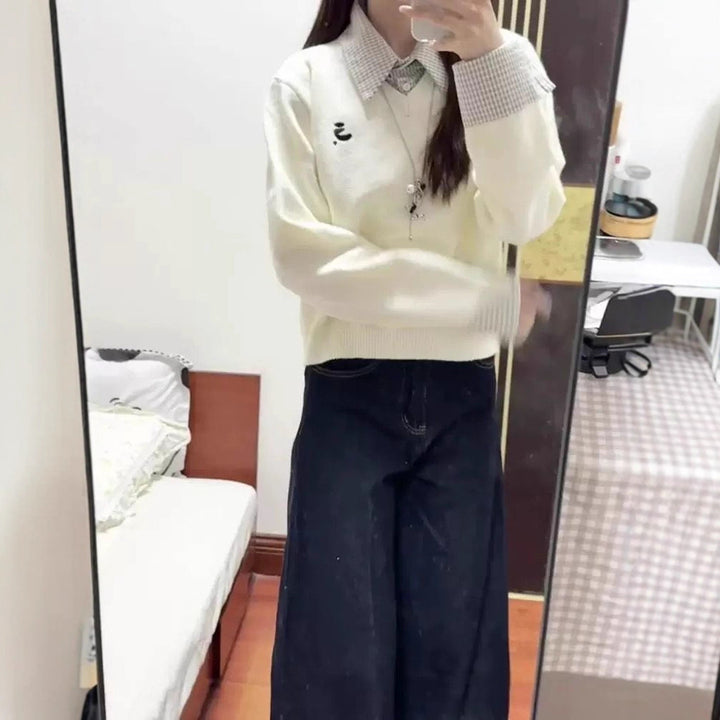 Pull féminin confortable avec col amovible et détails à carreaux Chic & Stil