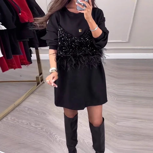Trendy sweatshirt dress for ladies with sequins and feather detail Lune London