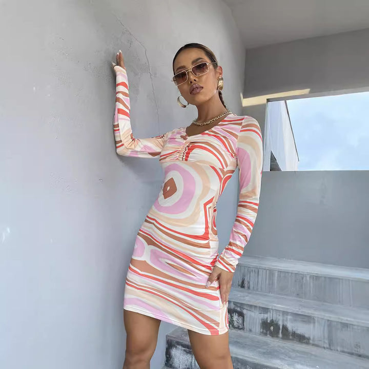 Ladies Long Sleeve Abstract Print Mini Dress Lune London