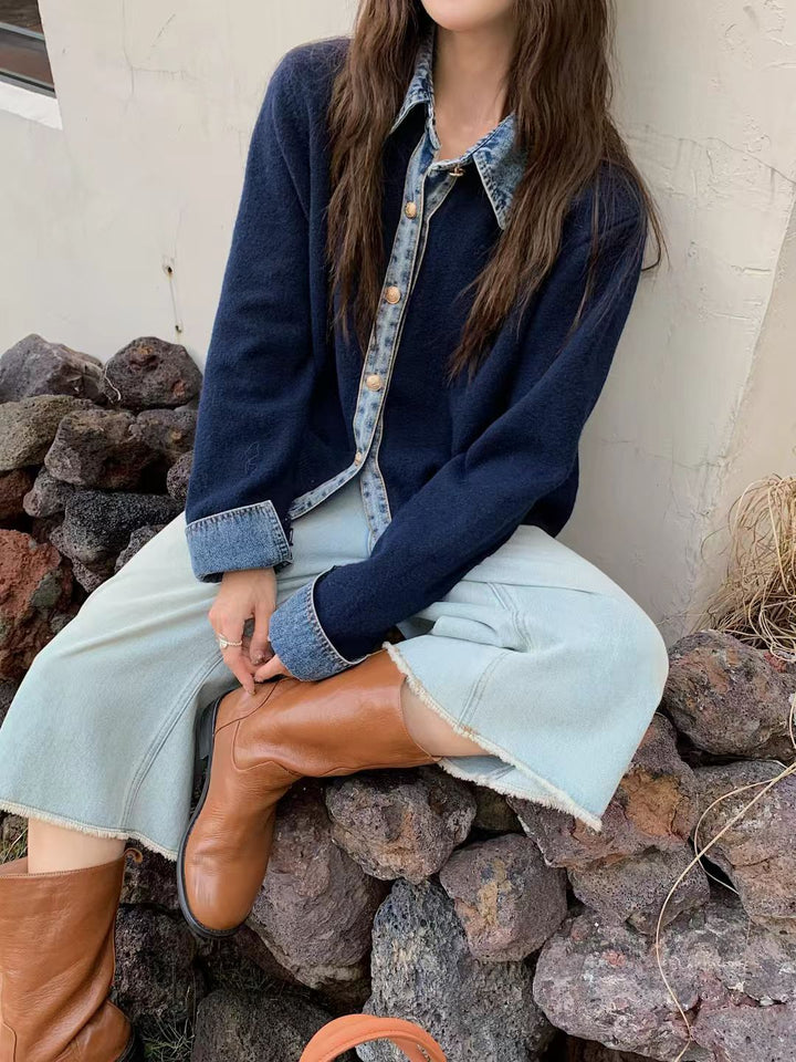 Chemise overshirt décontractée pour femmes avec un col en denim inhabituel et des détails de boutons Chic & Stil
