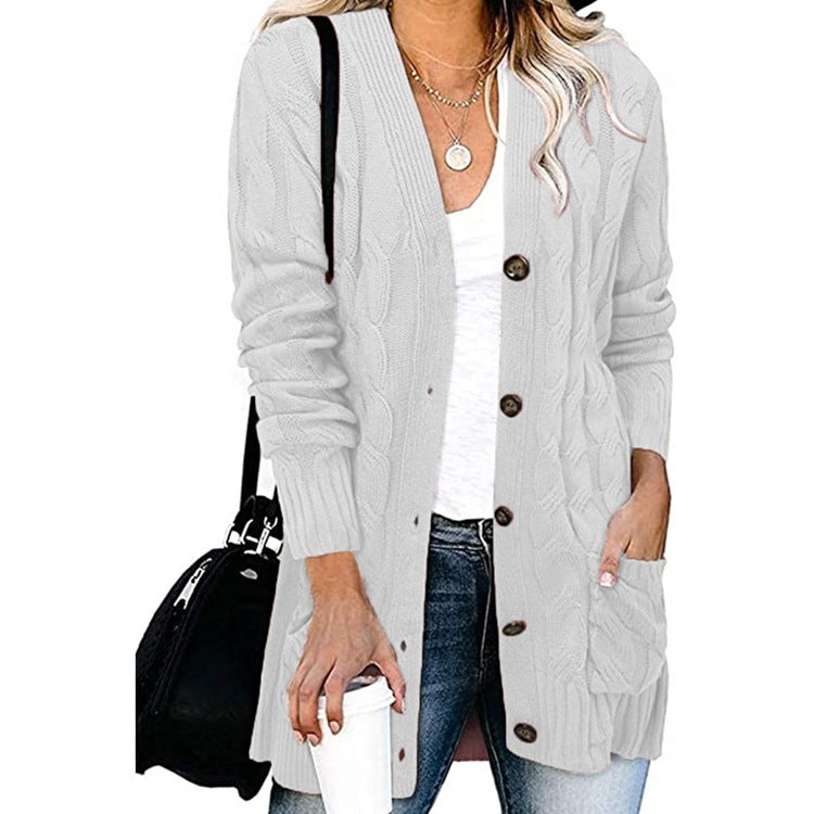 Rough knit cardigan for women with button details and practical pockets Lune London