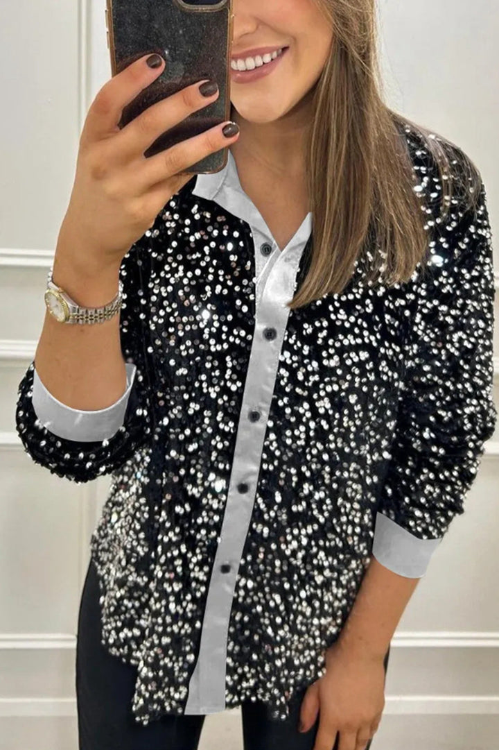 Blouse à sequins glamour pour femmes avec col classique et manches longues Chic & Stil
