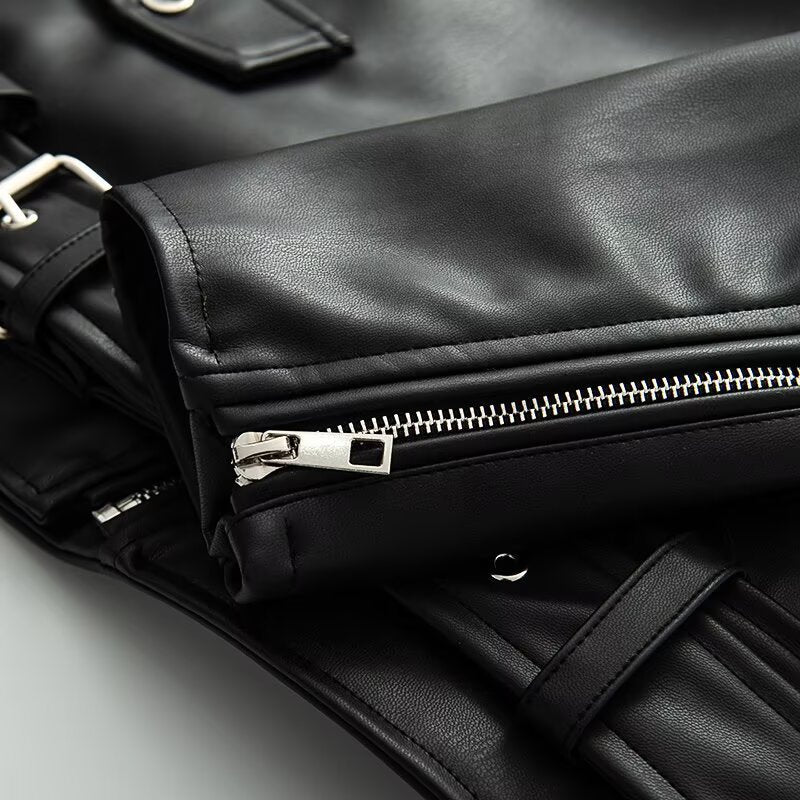 Faux leather motorcycle jacket for women with practical zip pockets and belt Lune London