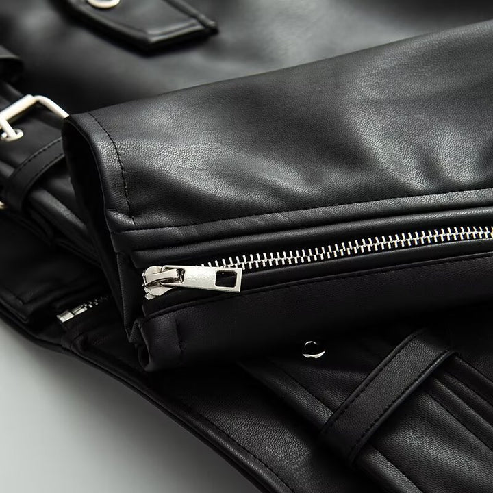 Faux leather motorcycle jacket for women with practical zip pockets and belt Lune London