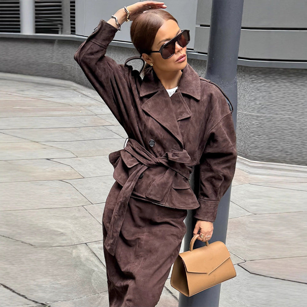 Suede leather jacket for women with matching skirt in a stylish set Lune London